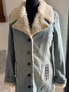 RARE! Free People Embroidered Sherpa Shearling Denim Coat - S